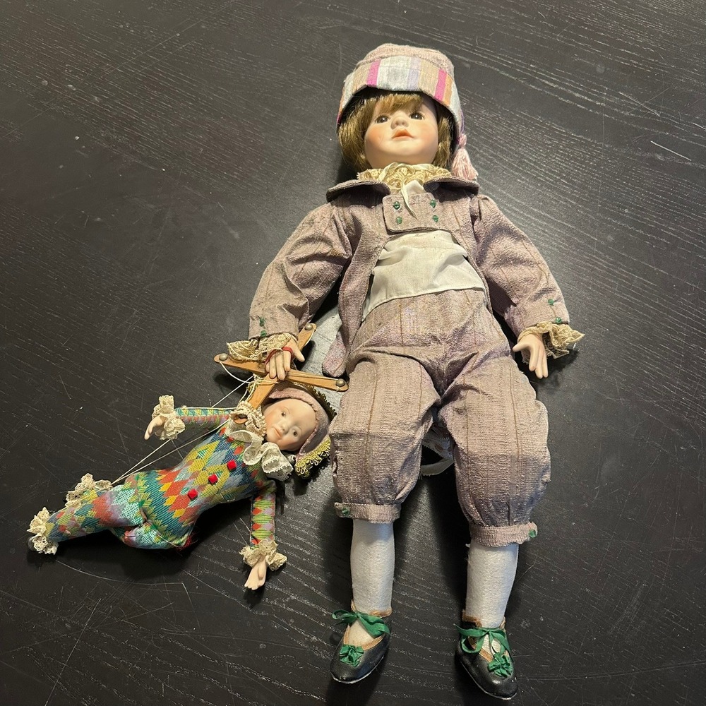 Vintage Porcelain Bisque Doll with Harlequin Marionette Puppet Purple Outfit